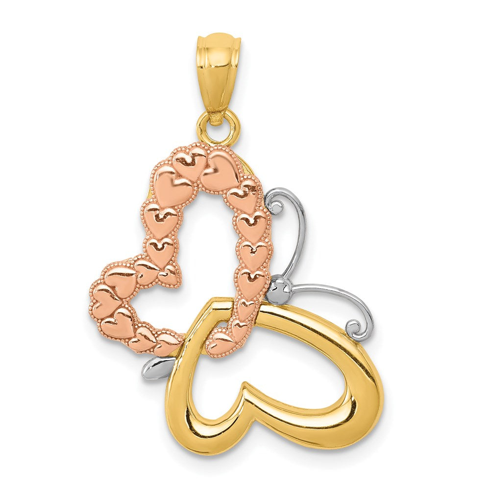 14k Two-tone with White Rhodium Butterfly with Hearts Pendant, 23 x 18 mm