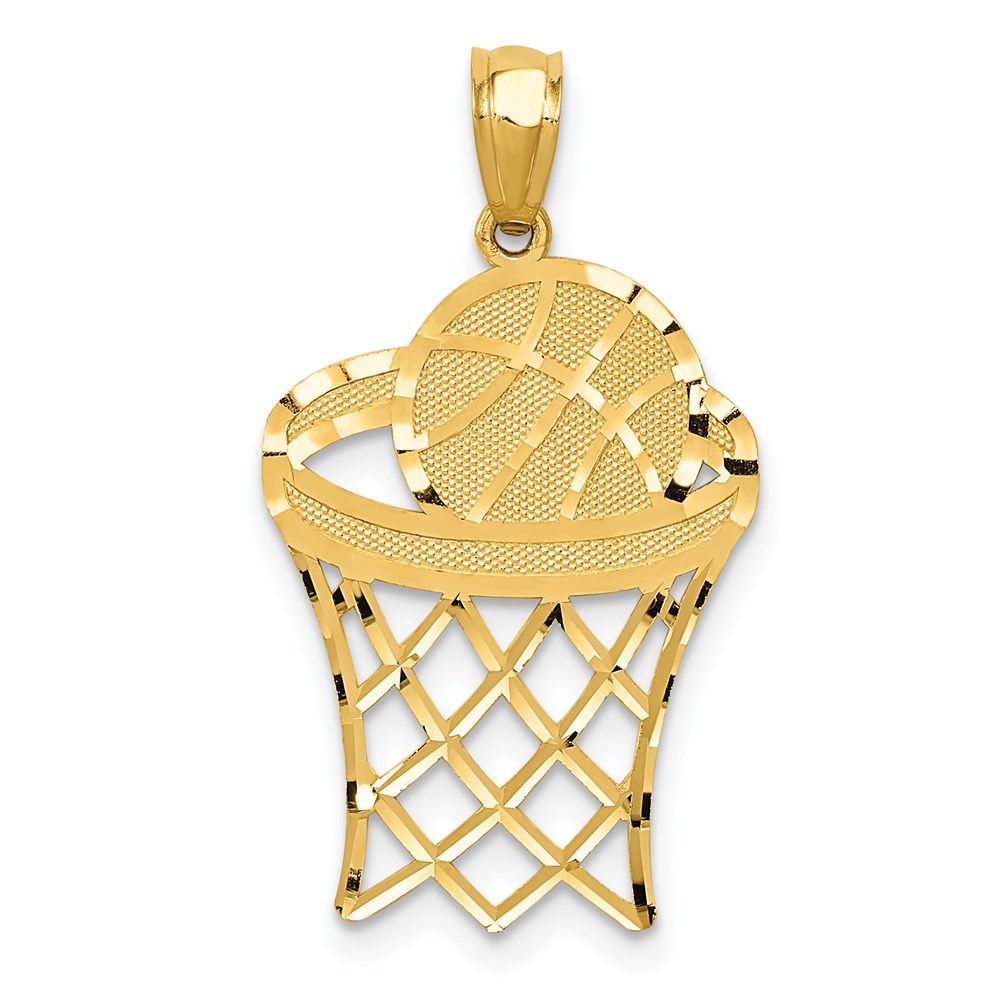 14k Diamond-cut Basketball in Hoop Pendant, 23 x 15 mm