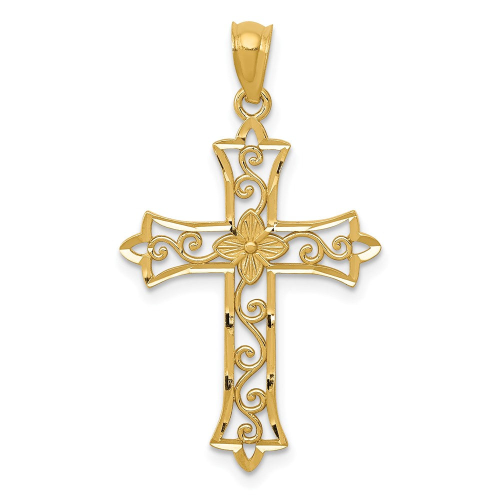 14k Diamond-cut Flower Center Scrolled Cross Pendant, 25 x 18 mm