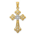 14K and White Rhodium Diamond-Cut Fleur de Lis Cross Pendant, 25 x 16 mm