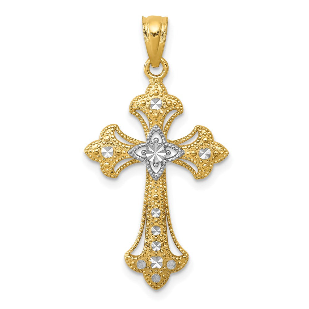 14K and White Rhodium Diamond-Cut Fleur de Lis Cross Pendant, 25 x 16 mm