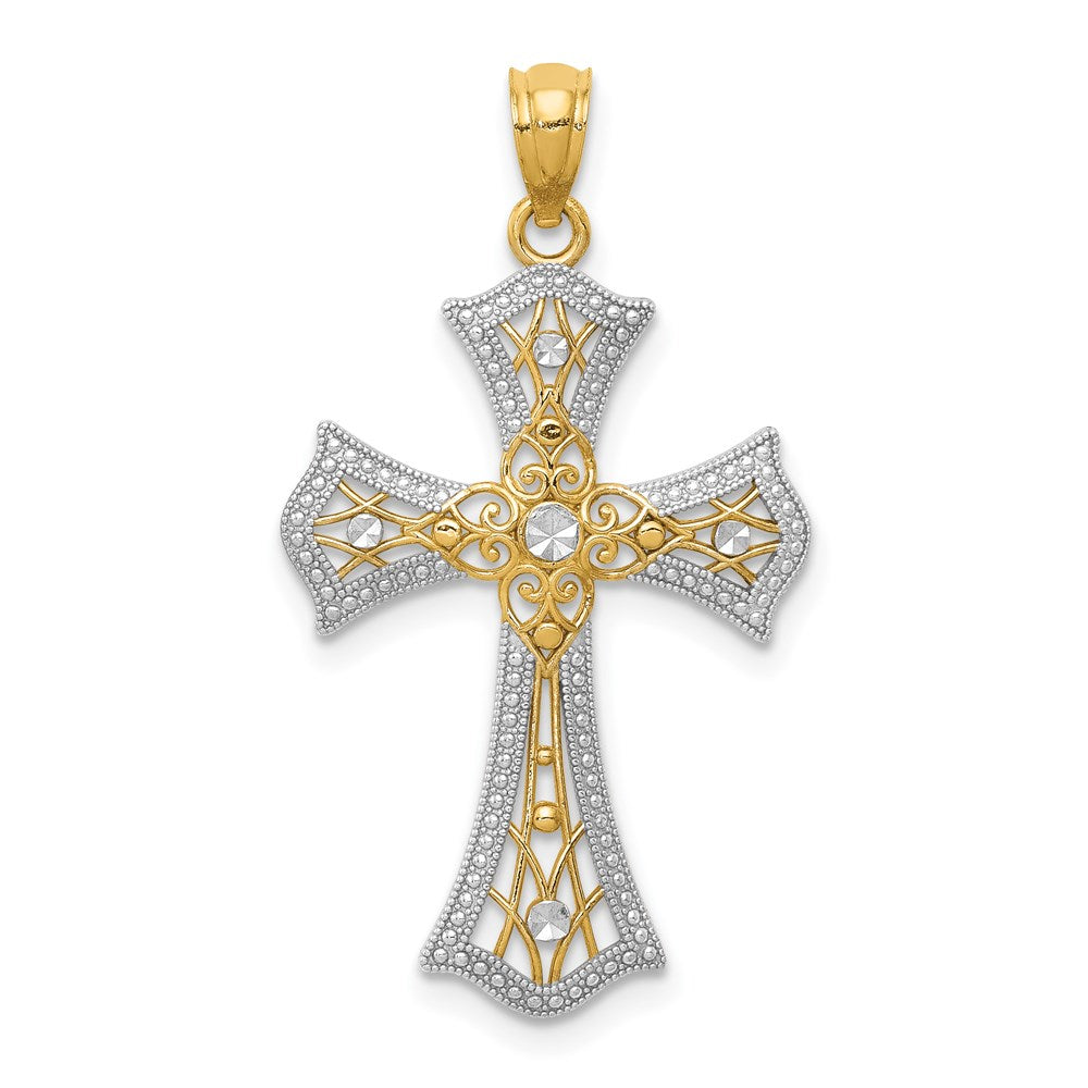 14K with White Rhodium Diamond-Cut Cross Pendant, 28 x 18 mm, 1.13 g