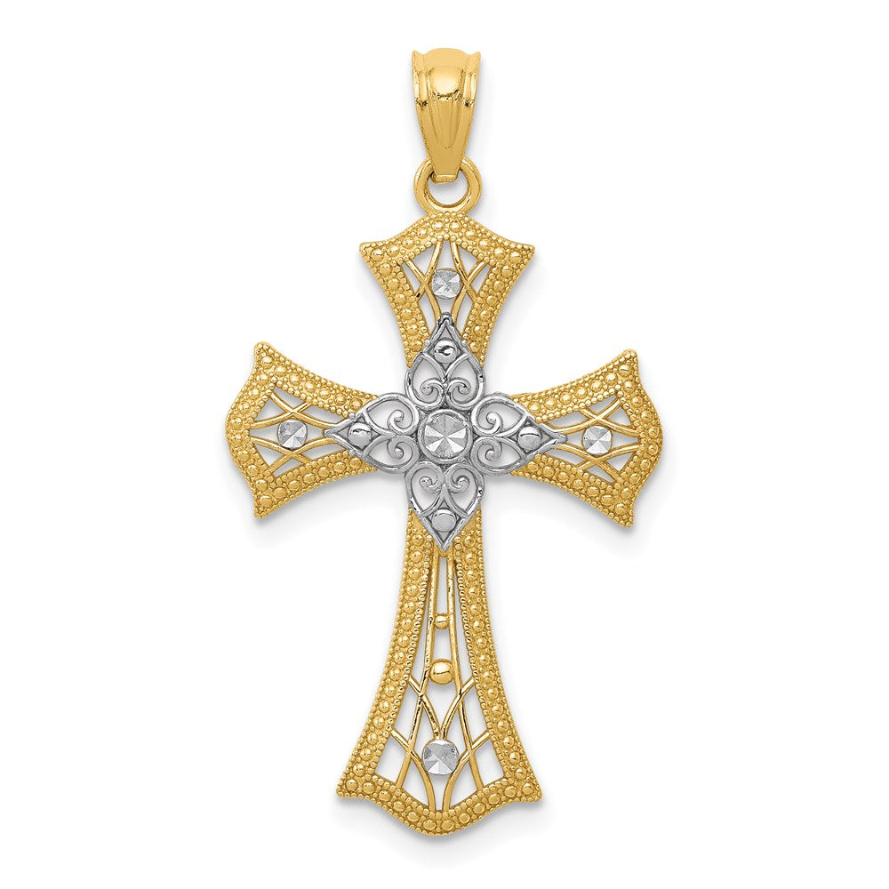 14K with White Rhodium Diamond-Cut Cross Pendant, 28 x 18 mm, 1.1 g