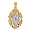 14K Two-Tone with White Rhodium Our Lady of Guadalupe with Flowers Oval Pendant, 28.9 x 15 mm