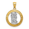 14K and White Rhodium Solid Cut-out St Christopher Medal Round Pendant, 23.7 x 16.5 mm