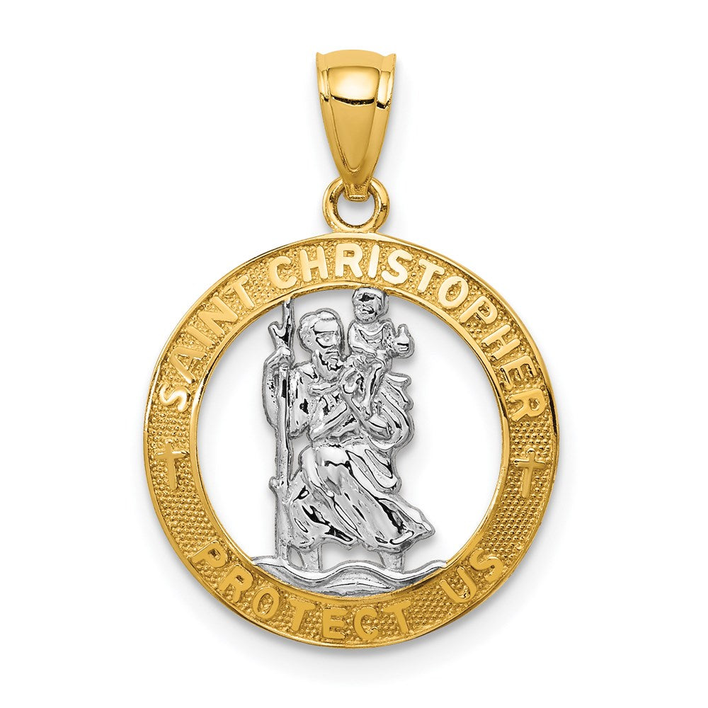 14K and White Rhodium Solid Cut-out St Christopher Medal Round Pendant, 23.7 x 16.5 mm