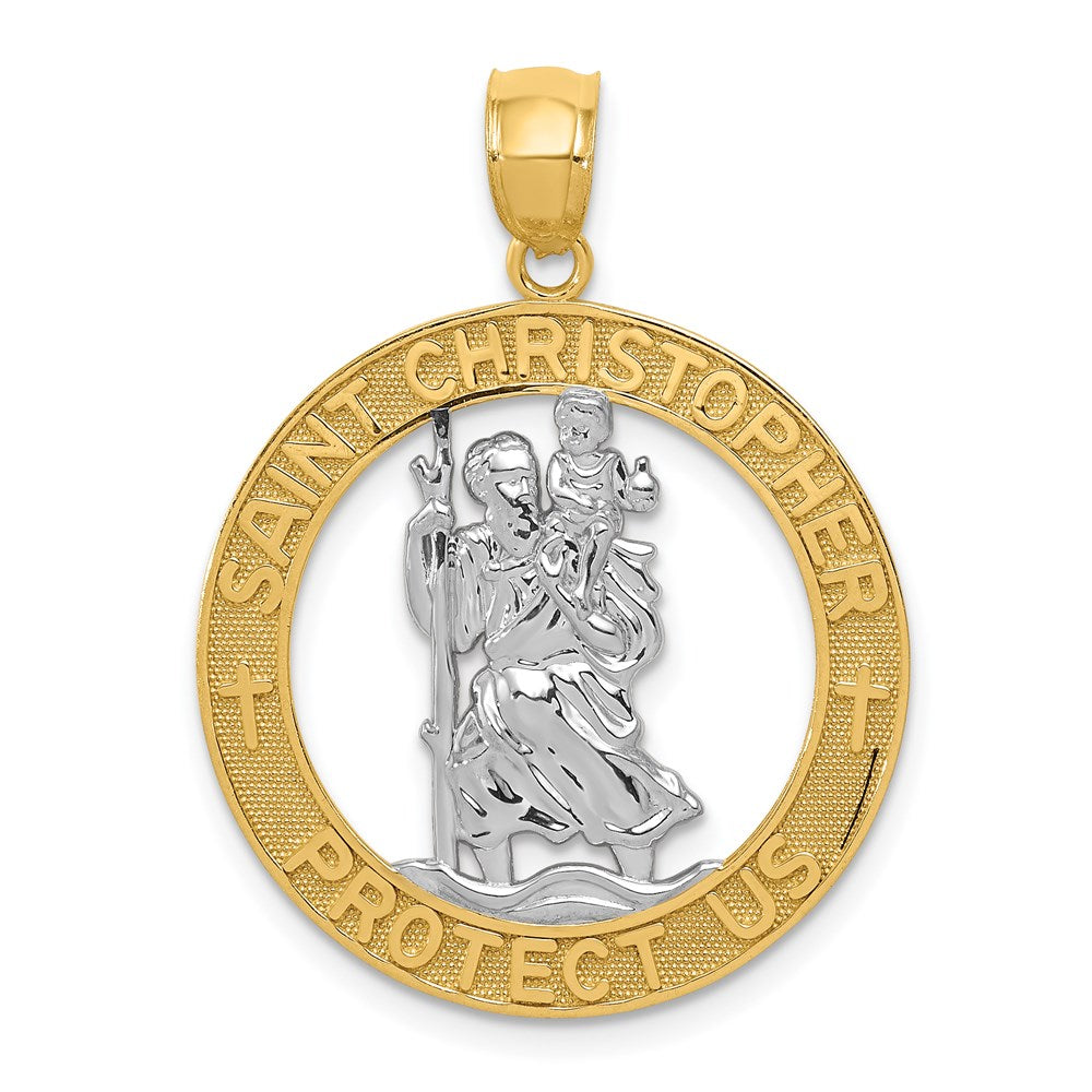 14K and White Rhodium Solid Cut-out St Christopher Medal Round Pendant, 31.75 x 23.9 mm