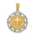 14K and White Rhodium BAPTISM with Cross Scalloped Edge Round Pendant, 18 x 16 mm