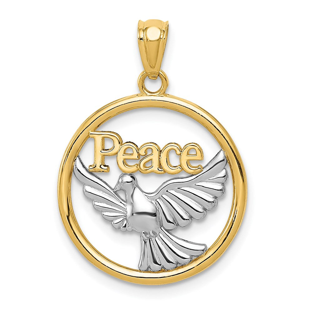 14K and White Rhodium Polished PEACE Dove Circle Pendant, 21 x 18 mm