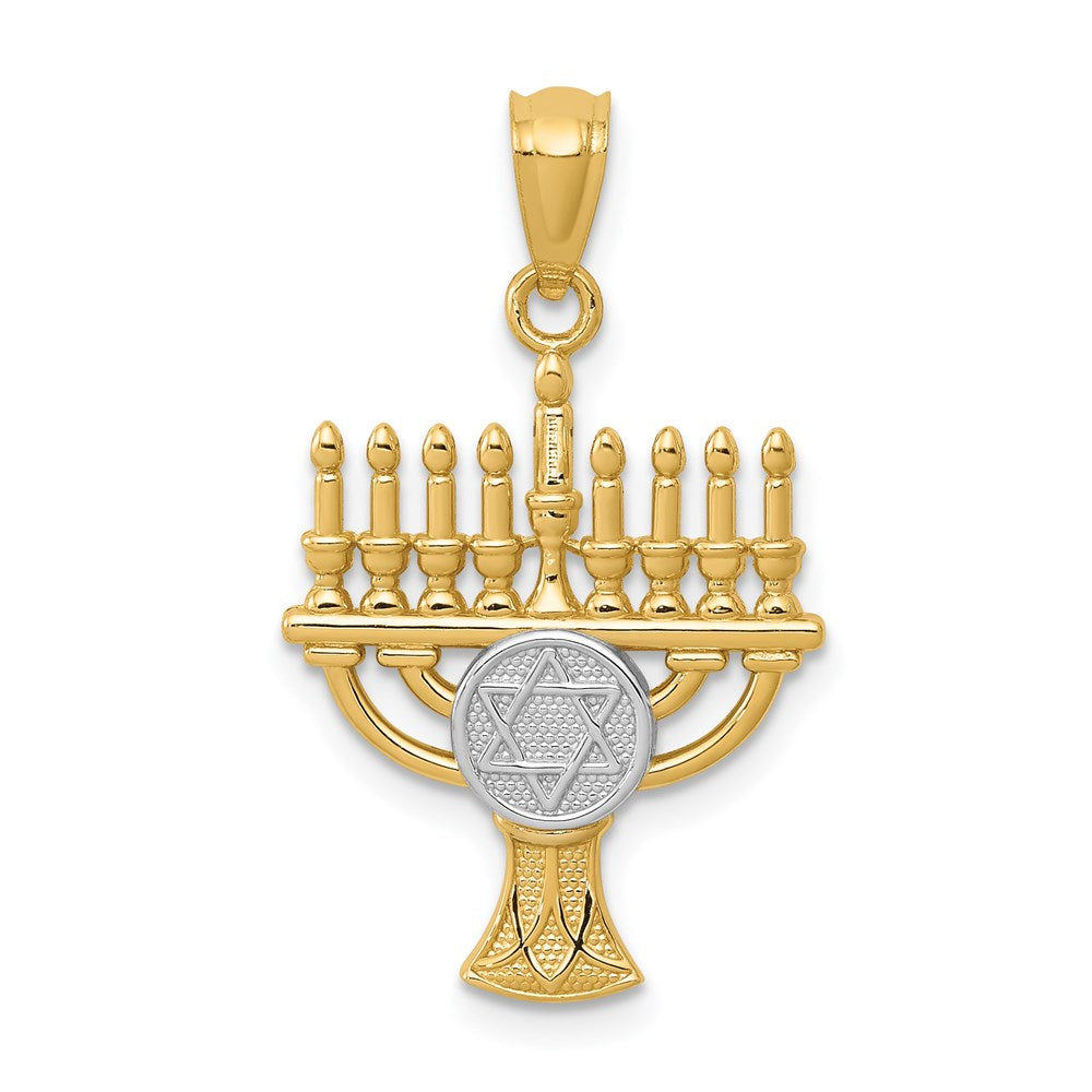 14K and White Rhodium Star of David Menorah Pendant, 27 x 14 mm
