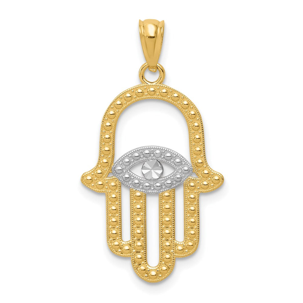 14K and White Rhodium Textured Hamsa and Evil Eye Pendant, 24 x 17 mm