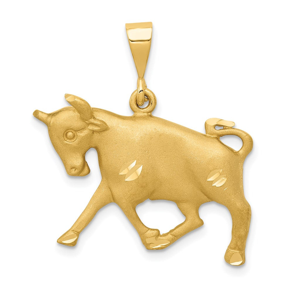 14k Satin Diamond-cut Taurus Zodiac Charm, 30 x 25 mm