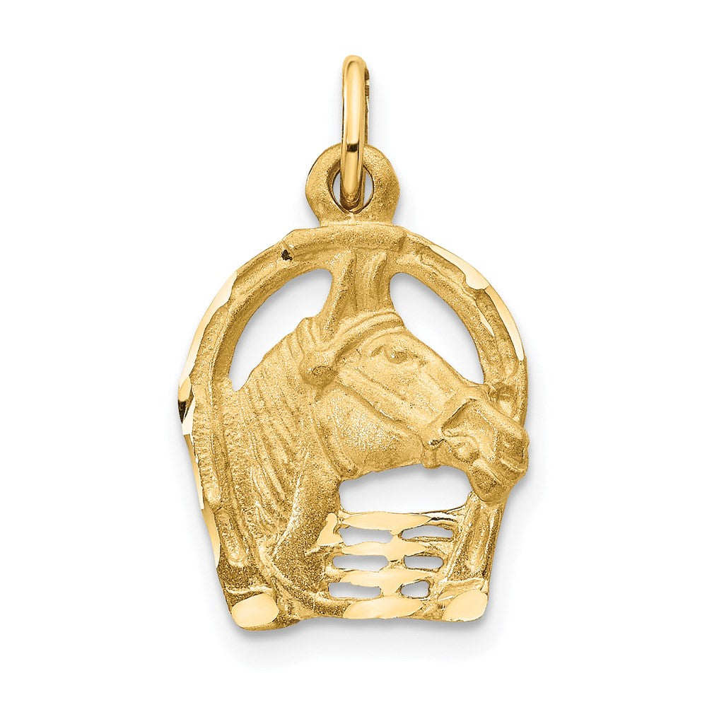 14k Satin Diamond-cut Horse Head in Horseshoe Charm, 20 x 12 mm