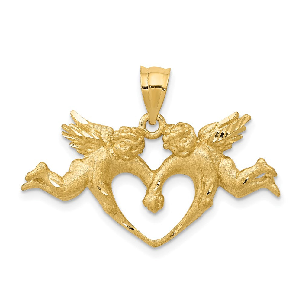 14k Satin Diamond-cut Angels with Heart Pendant, 22 x 30 mm