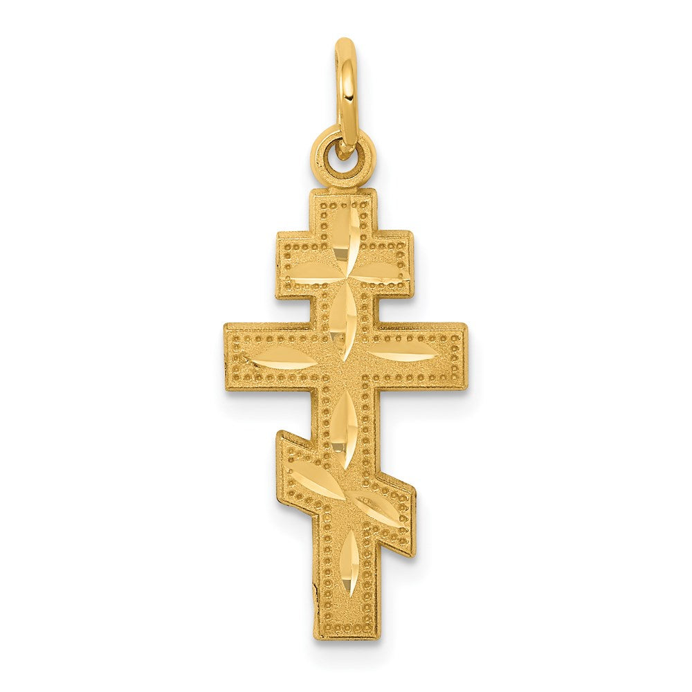 14k Satin and Textured Diamond-cut Eastern Orthodox Cross Charm, 27 x 12 mm