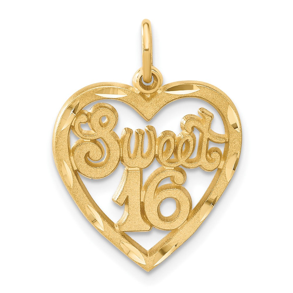 14k SWEET 16 in Heart Charm, 25 x 17 mm