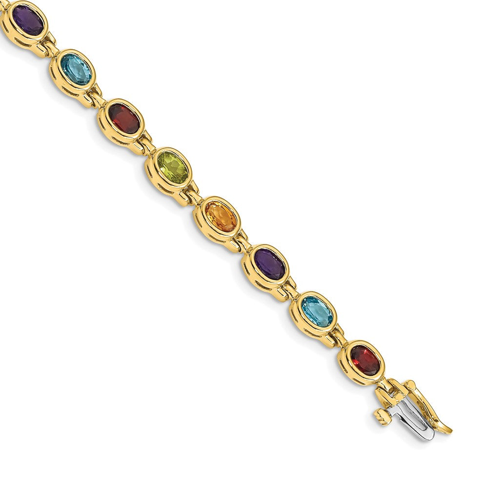 14k Complete Oval Garnet/Peridot/Citrine/Amethyst/Sky Blue Topaz Bezel-set 7 inch Rainbow Bracelet, 7.86 ct, 7 x 6 mm
