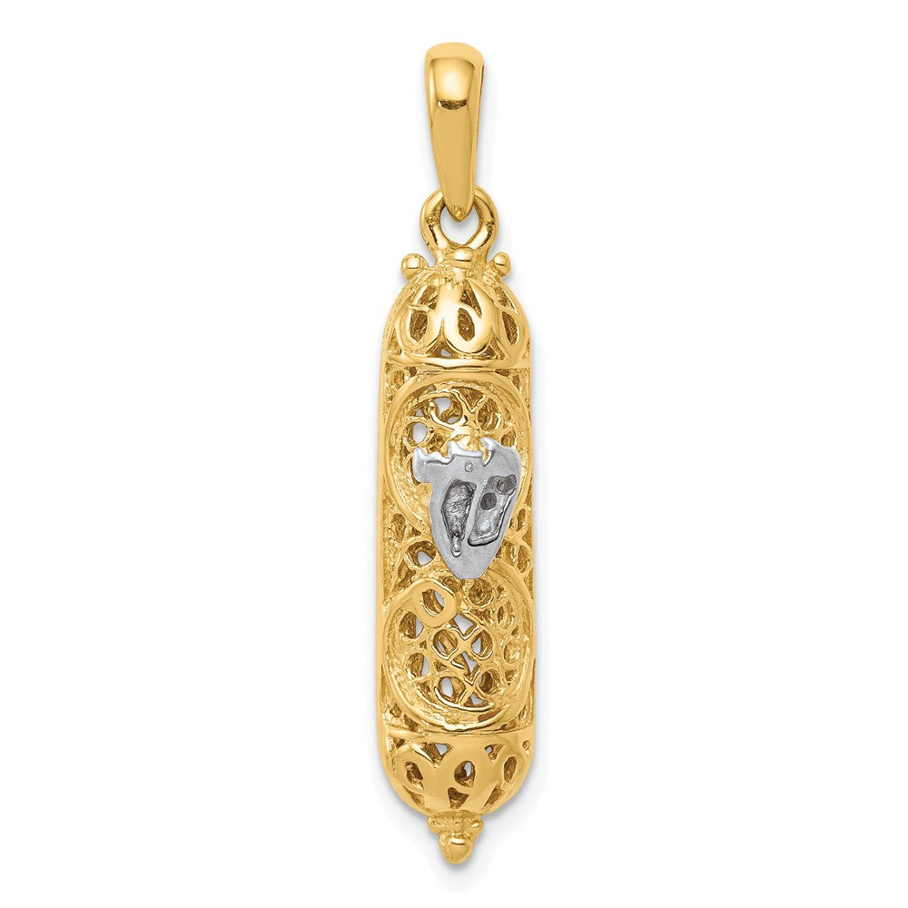 14K and White Rhodium 3-D Mezuzah with Shin Charm, 35 x 7 mm