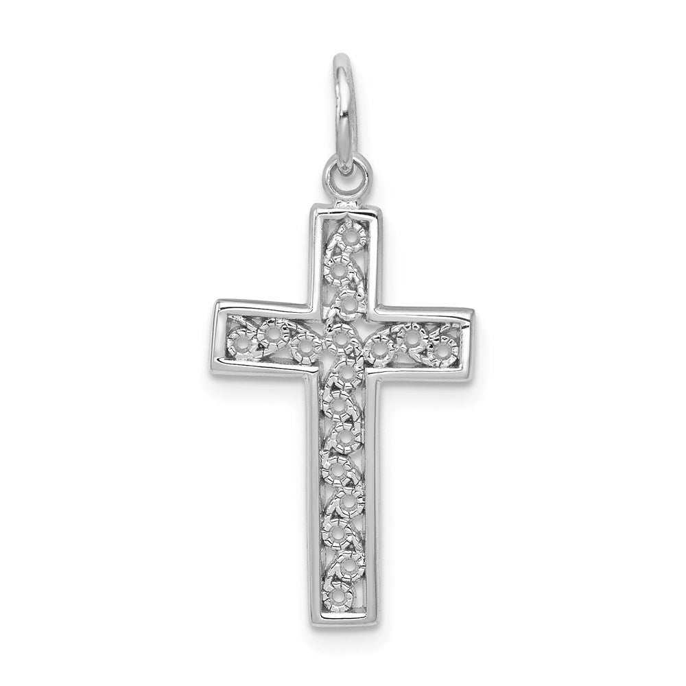 14k White Gold Filigree Cross Charm, 30 x 13 mm