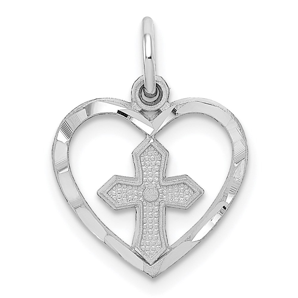 14k White Gold Cut-out Cross in Heart Charm, 19 x 14 mm