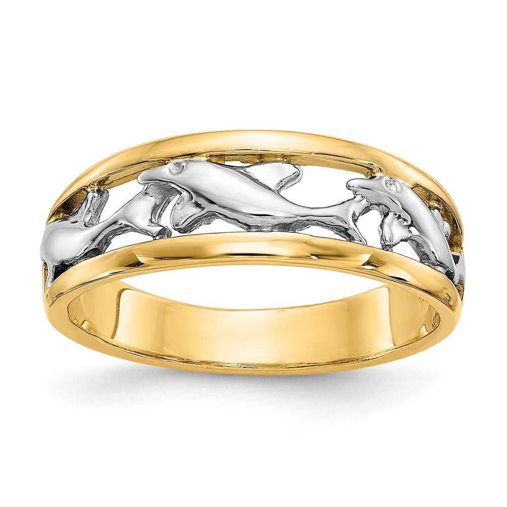 14k and White Rhodium Dolphin Band Ring, Size 6
