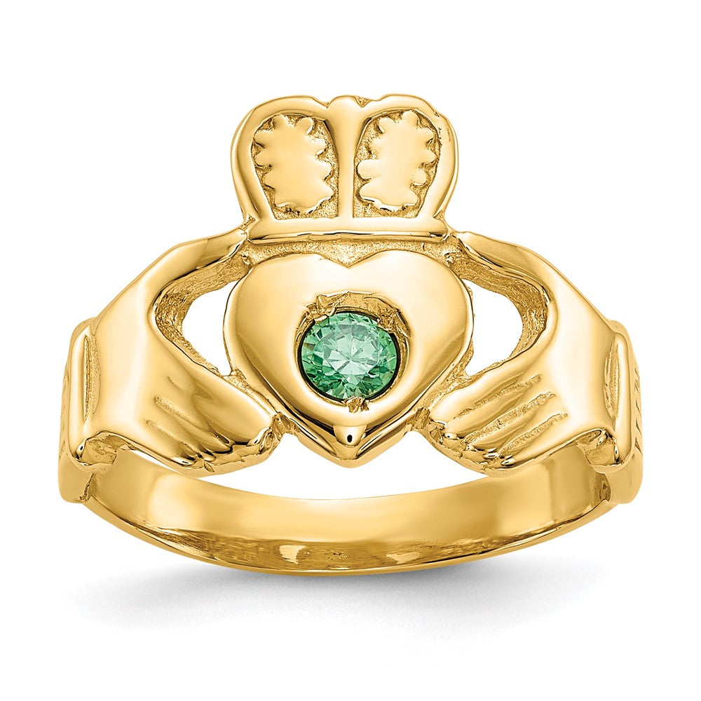 14k Imitation Green Stone Claddagh Ring, Size 7