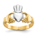 14k and White Rhodium Polished Claddagh Ring, Size 6.5
