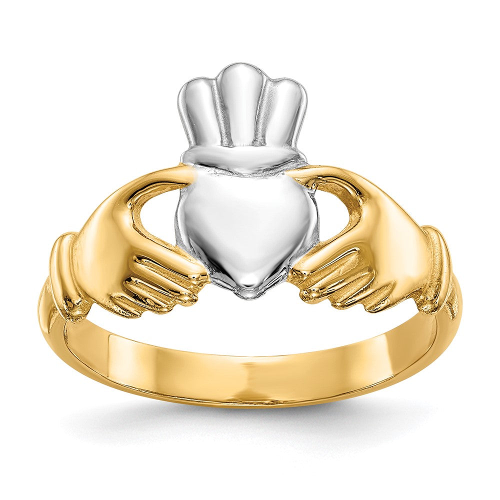 14k and White Rhodium Polished Claddagh Ring, Size 6.5