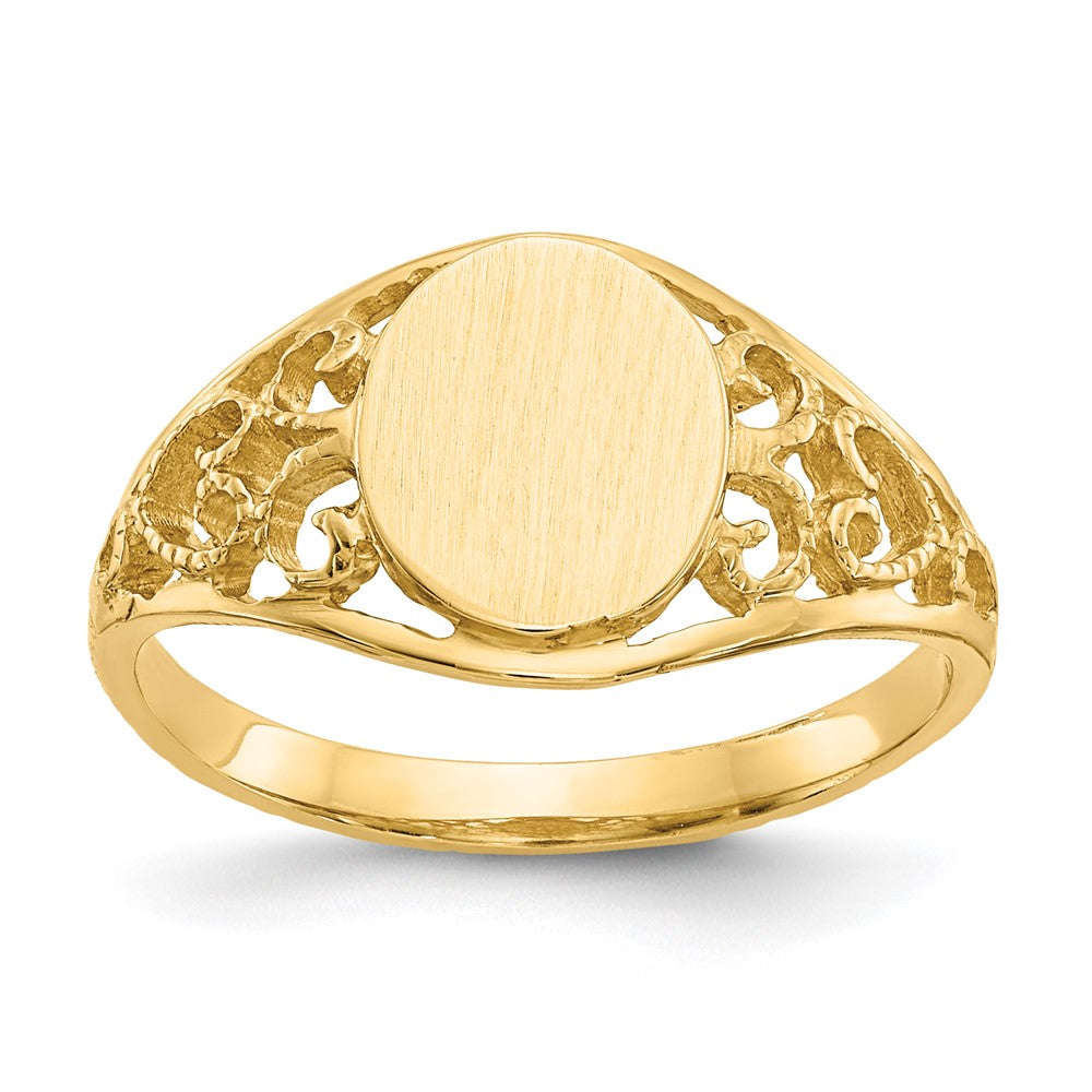 14k 7.5x8.5mm Oval Satin Open Back Filigree Signet Ring, Size 6