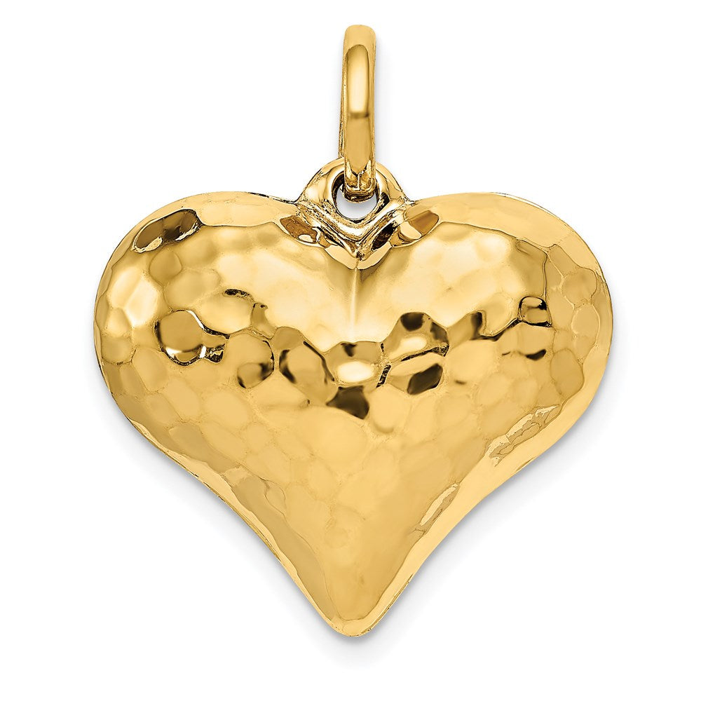 14K Polished and Hammered 3-D Puffed Heart Pendant, 26 x 21 mm