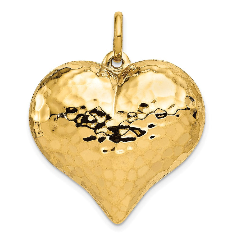 14K Polished and Hammered 3-D Puffed Heart Pendant, 36 x 29 mm