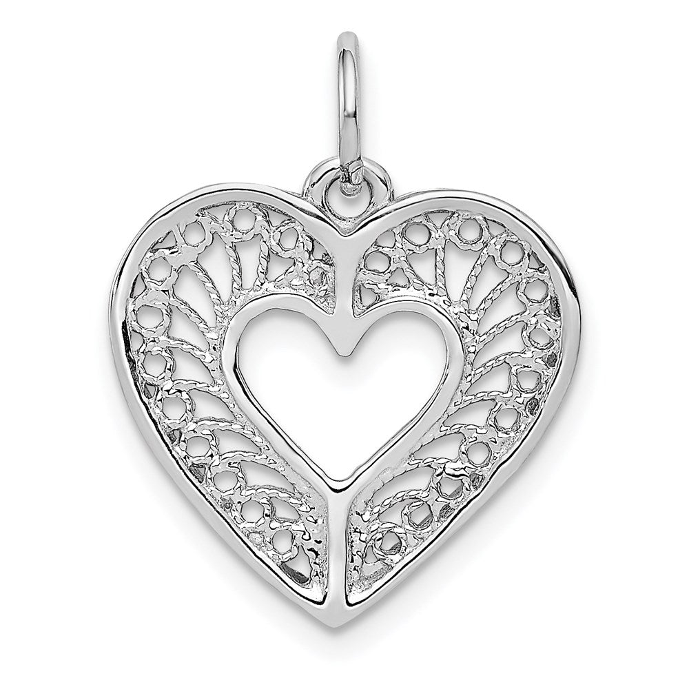 14k White Gold Solid Diamond-cut Fancy Filigree Heart Charm, 21 x 17 mm