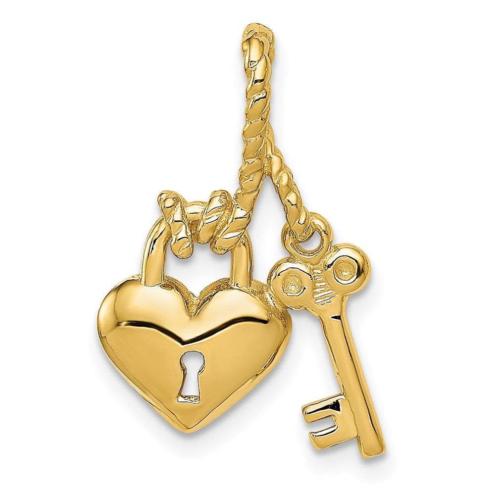 14K Polished Key Tied to Heart Lock Charm, 22 x 15 mm