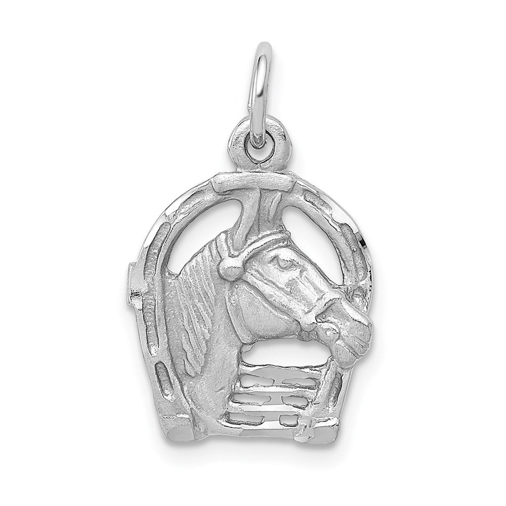 14k White Gold Satin Diamond-cut Horse Head in Horseshoe Charm, 20 x 10 mm