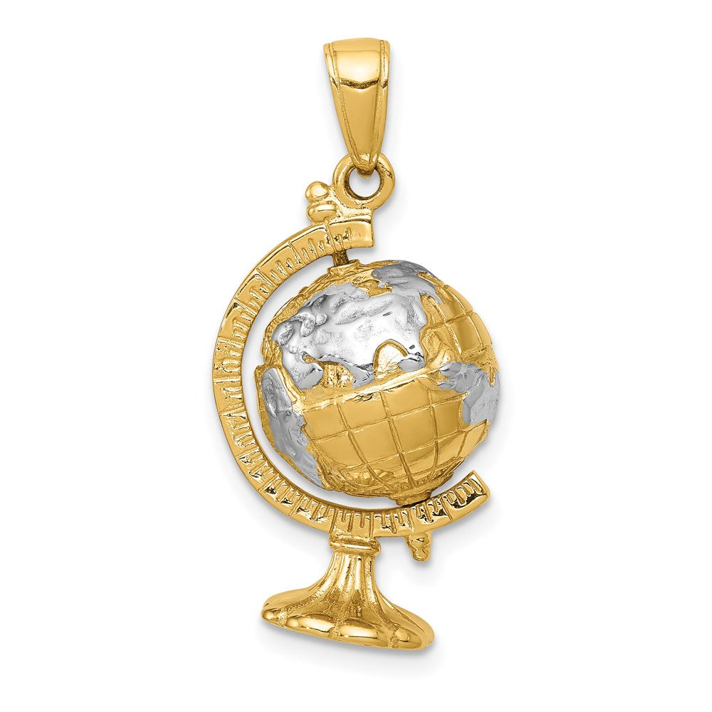 14K and White Rhodium 3-D Moveable Globe Pendant, 31 x 14 mm