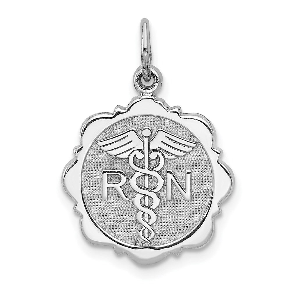 14k White Gold RN Registered Nurse Textured Back Disc Charm, 25 x 15 mm