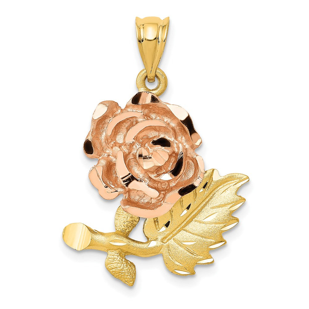 14k Two-Tone Solid Satin Diamond-cut Flower Pendant, 29 x 19 mm
