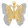 14k and White Rhodium Solid Polished Diamond-cut Filigree Butterfly Pendant, 36 x 36 mm