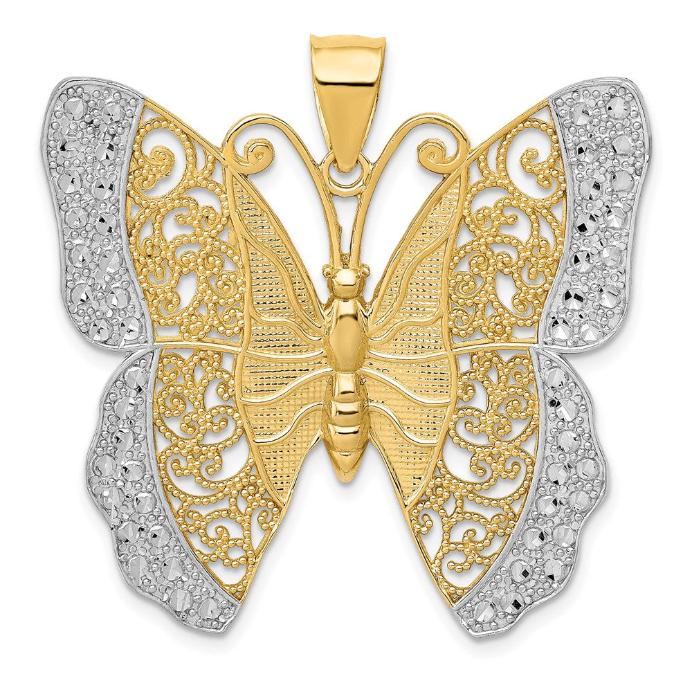 14k and White Rhodium Solid Polished Diamond-cut Filigree Butterfly Pendant, 36 x 36 mm