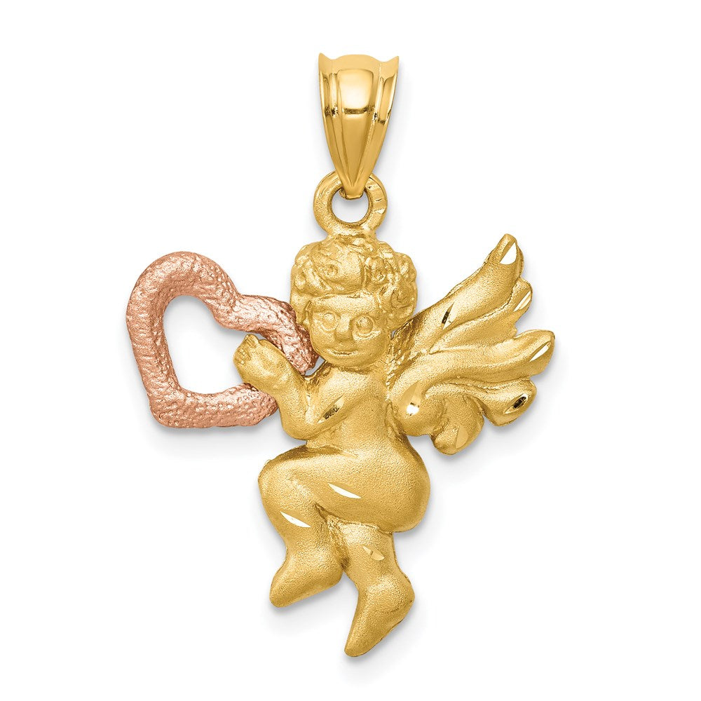 14k Two-tone Satin Diamond-cut Angel Charm, 36 x 20 mm