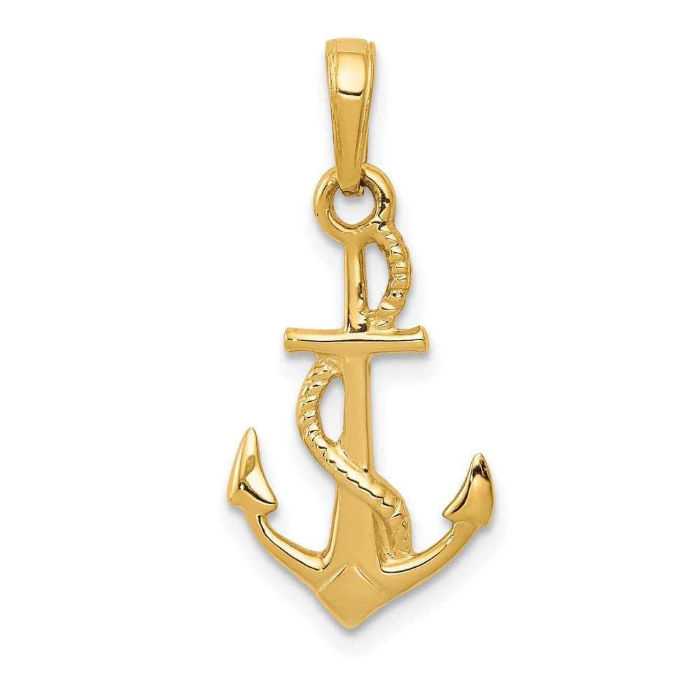 14K Solid Polished 3-D Anchor with Rope Pendant, 24 x 13 mm