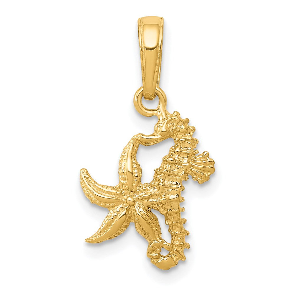 14K Solid Seahorse and Starfish Pendant, 19 x 11.5 mm