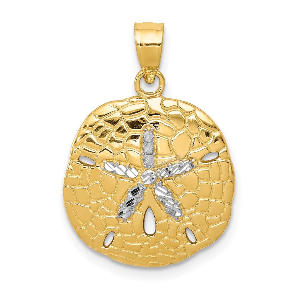 14K with White Rhodium Polished Diamond-Cut Sand Dollar Pendant, 24 x 16 mm