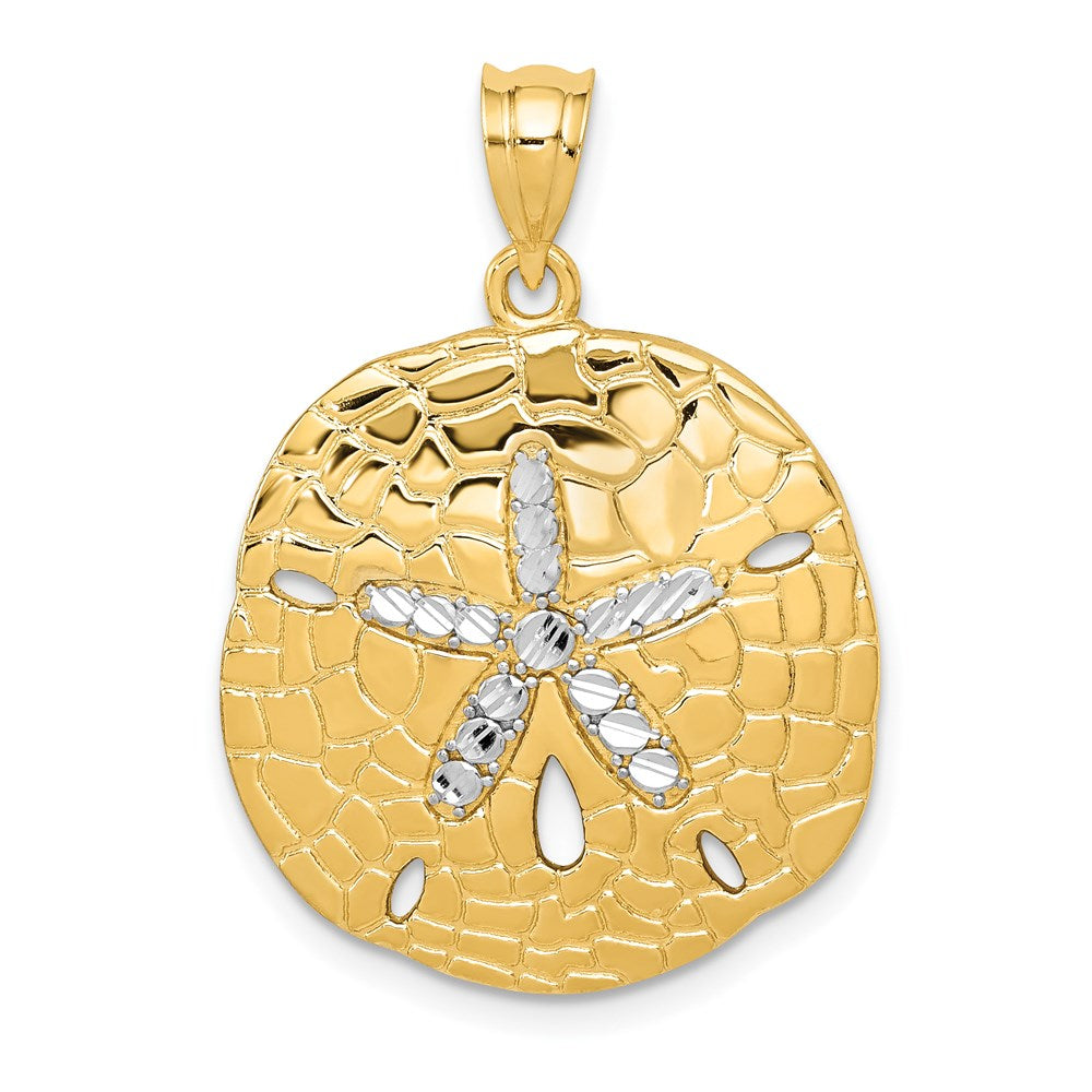 14K with White Rhodium Polished Diamond-Cut Sand Dollar Pendant, 30 x 21 mm