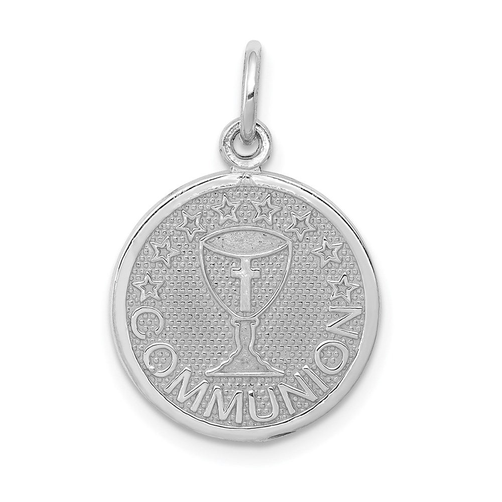 14k White Gold Satin and Polished COMMUNION Round Disc Charm, 22 x 15 mm