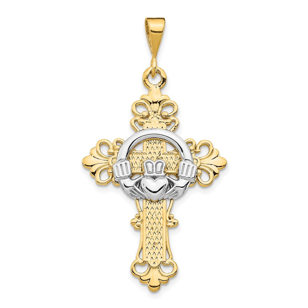 14k Two-tone Claddagh Cross Pendant, 47 x 24 mm
