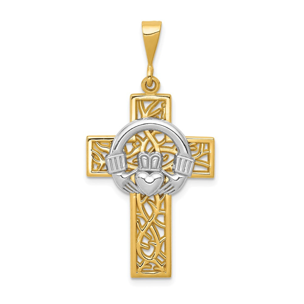 14k Two-tone Claddagh Cross Pendant, 41 x 20 mm