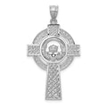14k White Gold Celtic Claddagh Cross Pendant, 40 x 22 mm