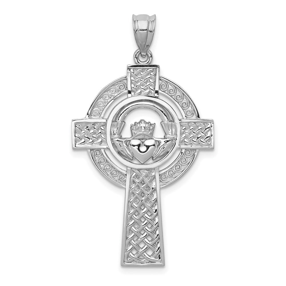 14k White Gold Celtic Claddagh Cross Pendant, 40 x 22 mm
