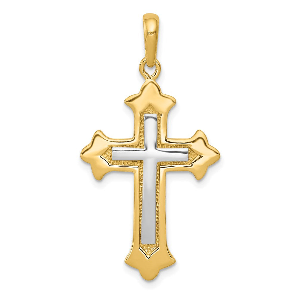 14k Two-tone Fleur De Lis Cross Pendant, 36 x 20 mm